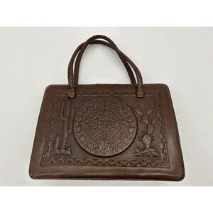 Vtg Aztec Hand Tooled Large Leather Purse Mayan Calendar/Bull FightChief Satchel